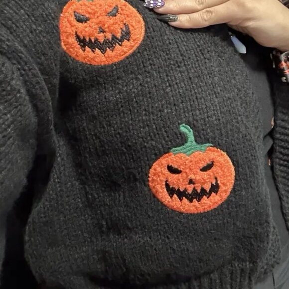 Halloween Knitted Open Front Crop Top Cardigan Jacket Sweater Ghost Pumpkin - Picture 5 of 7